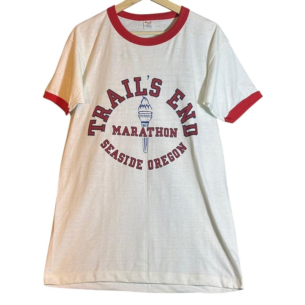 Vtg‎ 1980s Champion Trail's End Marathon Seaside OR Ringer Tee Men's L White Red
